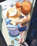  1girl blue_shorts character_print commentary_request door highres indoors lapras misty_(pokemon) mukiguri one_side_up orange_hair pokemon pokemon_(anime) pokemon_(classic_anime) pokemon_(creature) psyduck sandals shirt shorts sink sleeveless sleeveless_shirt standing staryu tile_floor tiles togepi toilet yellow_shirt 