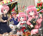  1boy 3girls apron bangs black_apron blue_eyes blunt_bangs blush bocchi_the_rock! cake christmas christmas_tree cube_hair_ornament dog eyes_visible_through_hair family food glass gotou_futari gotou_hitori gotou_michiyo guitar hair_ornament hat highres instrument long_hair mature_female mother_and_daughter multiple_girls one_eye_closed open_mouth pink_hair ruu_(tksymkw) santa_hat short_hair siblings side_ahoge sisters smile snowing snowman 