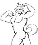 anthro black_and_white butt canid canine clenched eyes_closed facial_hair fist flexing_muscles male mammal monochrome mustache open_mouth simple_background sketch smile solo teeth_showing thegreatmatsutzu white_background 