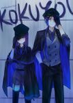  1boy 1girl alternate_costume blue_hair chrome_dokuro commentary_request eyepatch formal hand_in_pocket hat highres hihibi katekyo_hitman_reborn! long_hair looking_at_viewer matching_outfit necktie purple_eyes purple_hair red_eyes rokudou_mukuro smile 