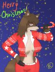  absurd_res anthro bedroom_eyes black_fingers brown_body brown_fur brown_hair candy candy_cane canid canine canis christmas clothed clothing dessert female food fur gradient_background hair hi_res holidays long_hair looking_at_viewer lucypher_(xdreamers) makeup mammal narrowed_eyes rcblackdie seductive simple_background solo star text wolf xdreamers_(series) 