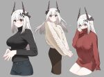  1girl alternate_costume arknights blush breasts casual commentary_request grey_background highres horns large_breasts long_hair long_sleeves looking_at_viewer mudrock_(arknights) multiple_views oemmnn pointy_ears red_eyes simple_background solo steepled_fingers sweater turtleneck turtleneck_sweater white_hair 