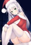  1girl :o absurdres bare_shoulders breasts christmas cleavage commentary feet_out_of_frame fur_trim green_eyes hat head_tilt highres large_breasts legs_together long_hair long_sleeves looking_at_viewer no_nose ochinsama off_shoulder open_mouth original panties santa_hat sitting solo thighhighs underwear white_panties white_thighhighs 