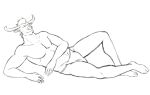  anthro asian_clothing barefoot black_and_white bovid bovine clothed clothing east_asian_clothing eyes_closed feet fundoshi horn japanese_clothing lying male mammal monochrome muscular muscular_male simple_background sketch solo the_boy_and_the_beast thegreatmatsutzu topless underwear white_background 
