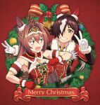  2girls animal_ears arm_garter blush breasts brown_eyes brown_hair christmas_wreath cleavage collared_shirt daiwa_scarlet_(scarlet_nuit_etoile)_(umamusume) daiwa_scarlet_(umamusume) double_v dress ear_covers fang gloves grin hair_intakes hair_over_one_eye half_updo highres horse_ears jacket large_breasts long_hair long_sleeves looking_at_another looking_at_viewer merry_christmas multiple_girls norizou open_mouth pinecone red_background red_dress red_eyes red_gloves red_jacket shirt skin_fang sleeveless sleeveless_dress smile tiara umamusume v v-shaped_eyebrows vodka_(nonfreezing_aqua_vitae)_(umamusume) vodka_(umamusume) white_gloves 
