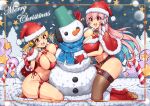  2girls belt bikini blonde_hair boots breasts candy candy_cane cape christmas cleavage earmuffs food gloves green_hair hat headphones large_breasts long_hair multicolored_hair multiple_girls navel nitroplus open_mouth orange_eyes pink_hair red_eyes santa_bikini santa_costume santa_hat scarf side-tie_bikini_bottom snow snowflakes snowman star_(symbol) super_pochaco super_sonico swimsuit thigh_strap thighhighs thighs twintails two-tone_hair virus-g 