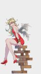  1girl ahoge angel bangs bare_legs bare_shoulders blonde_hair blue_eyes douphone dress feathered_wings full_body high_heels long_hair looking_at_viewer panty_&amp;_stocking_with_garterbelt panty_(psg) red_dress red_footwear simple_background sitting sleeveless sleeveless_dress solo white_wings wings 