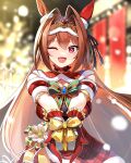  1girl animal_ears box breasts christmas daiwa_scarlet_(scarlet_nuit_etoile)_(umamusume) daiwa_scarlet_(umamusume) dress ear_covers emerane fang gift gift_box hair_between_eyes hair_intakes horse_ears horse_girl illuminate_the_heart_(umamusume) large_breasts long_hair looking_at_viewer official_alternate_costume one_eye_closed open_mouth outdoors red_dress red_eyes red_hair single_ear_cover skin_fang smile solo tiara umamusume very_long_hair 