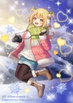  1girl :d aran_sweater bangs black_gloves black_pantyhose blonde_hair blue_shorts boots brown_footwear cable_knit camera camera_around_neck character_request christmas fingerless_gloves fringe_trim fur-trimmed_boots fur-trimmed_jacket fur-trimmed_sleeves fur_trim gloves green_scarf heart jacket karokuchitose legwear_under_shorts long_hair long_sleeves mountain night night_sky official_art open_clothes open_jacket orange_eyes outdoors pantyhose pink_jacket scarf short_shorts shorts sky smile snow snowflakes solo sweater two_side_up white_sweater z/x 