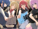  4girls ^_^ absurdres band bass_guitar black_shirt blonde_hair blue_eyes blue_hair bocchi_the_rock! brown_eyes closed_eyes clothes_writing cube_hair_ornament drumsticks floor gotou_hitori grin guitar hair_ornament highres holding holding_plectrum ijichi_nijika instrument kita_ikuyo long_skirt mameroku multiple_girls one_side_up pants pink_hair pink_pants pleated_skirt plectrum red_hair shirt short_sleeves side_ponytail skirt smile squatting sweat t-shirt track_pants v yamada_ryou yellow_eyes 