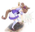  1girl animal_ears bow bowtie brown_footwear brown_hair food full_body hair_bow highres holding_ice_cream horse_ears horse_girl horse_tail ice_cream ice_cream_cone ice_cream_cone_spill medium_hair motsutoko purple_shirt sailor_collar shirt shoes skirt smart_falcon_(umamusume) solo speed_lines tail thighhighs twintails umamusume white_skirt white_thighhighs zoom_layer 