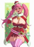  1girl absurdres bangs breasts christmas cleavage dress fire_emblem fire_emblem:_three_houses fire_emblem_heroes fur_trim gloves hat highres hilda_valentine_goneril large_breasts long_hair looking_at_viewer official_alternate_costume open_mouth pink_eyes pink_hair riz santa_hat smile solo thick_thighs thighhighs thighs twintails 