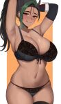  :q absurdres alternate_breast_size armpits arms_behind_head arms_up black_bra black_hair black_panties black_thighhighs blush bra breasts cleavage closed_mouth commentary curvy edmun elbow_gloves freckles gloves green_hair heart heart-shaped_pupils highres large_breasts licking_lips long_hair multicolored_hair navel nemona_(pokemon) orange_eyes panties pokemon pokemon_(game) pokemon_sv ponytail revision single_elbow_glove skindentation steaming_body stomach streaked_hair sweat symbol-shaped_pupils thighhighs tongue tongue_out underwear wide_hips 