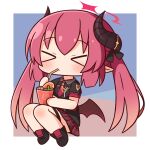  &gt;_&lt; 1girl bangs bendy_straw black_footwear black_shirt black_wings blue_archive blush chibi closed_eyes closed_mouth collared_shirt cup demon_girl demon_horns demon_wings drinking_straw facing_viewer full_body gradient_hair hair_between_eyes halo hana_kazari highres holding holding_cup horns junko_(blue_archive) long_hair low_wings multicolored_hair necktie pleated_skirt pointy_ears puffy_short_sleeves puffy_sleeves red_hair red_necktie red_skirt shirt shoes short_sleeves skirt solo twintails very_long_hair wings 