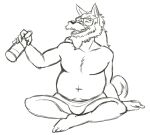  anthro barefoot beverage black_and_white briefs bulge canid canine clothed clothing eyes_closed eyewear feet glasses hand_on_ground holding_object male mammal monochrome musclegut open_mouth sharp_teeth simple_background sketch smile solo teeth teeth_showing thegreatmatsutzu topless underwear white_background 