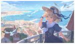  1girl absurdres aqua_eyes bangs bird blonde_hair blue_ribbon blush bracelet building buttons cityscape cloud commentary_request day dress eyelashes fence hand_up hat hat_ribbon highres hyxifeng jewelry long_hair open_mouth original outdoors ribbon short_sleeves sky smile teeth upper_teeth_only water 