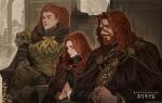  1girl 2boys armor beard bracelet brooch cloak elden_ring facial_hair gravitydusty highres jewelry long_hair lunar_princess_ranni multiple_boys own_hands_together ranni_the_witch red_hair ring rykard_lord_of_blasphemy siblings sitting starscourge_radahn throne wavy_hair yellow_eyes 