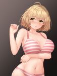  1girl absurdres blonde_hair blush bra breasts haru_estia highres large_breasts lhj85313 open_mouth panties short_hair solo soul_worker standing striped striped_bra striped_panties underwear 