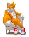  2_tails ambiguous_gender blue_eyes canid canine chest_tuft clothing footwear fox fur gloves grumpy handwear hi_res ickyfig mammal miles_prower multi_tail orange_body orange_fur pose red_clothing red_footwear red_shoes sega shoes simple_background solo sonic_the_hedgehog_(series) tuft white_body 