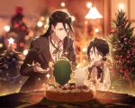  &gt;:) +_+ 1boy 1girl bangs black_bow black_bowtie black_eyes black_hair black_ribbon black_suit bleach blush bow bowtie box breasts cake christmas christmas_star christmas_tree earrings eyelashes food formal fruit gift gift_box hair_between_eyes highres indoors jewelry kieta kuchiki_byakuya kuchiki_rukia light long_hair long_sleeves looking_at_another looking_at_food medium_hair nose open_hand open_mouth own_hands_together ribbon shadow shirt siblings sidelocks small_breasts smile sparkle sparkling_eyes strawberry stud_earrings suit surprised table v-shaped_eyebrows white_shirt wide-eyed 