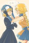  2girls black_dress blonde_hair blue_headwear blue_scarf blue_skirt blush braid braided_ponytail dress fingerless_gloves fire_emblem fire_emblem:_genealogy_of_the_holy_war gloves hat hat_removed headwear_removed holding holding_clothes holding_hat lana_(fire_emblem) light_blush long_hair multiple_girls patty_(fire_emblem) scarf short_hair skirt sleeveless smile tenjin_(ahan) 