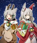  2girls animal_costume animal_ear_fluff animal_ears antlers bangs bell blue_background blunt_bangs box breasts brown_gloves cat_ears christmas closed_mouth cowboy_shot deer_tail detached_sleeves dress dual_persona facial_mark fake_antlers fang fur-trimmed_headwear gift gift_box gloves grey_hair hair_ornament hand_on_hip hat highena holding holding_gift incoming_gift long_hair multiple_girls neck_bell nia_(xenoblade) open_mouth red_robe reindeer_antlers reindeer_costume robe santa_dress santa_hat short_hair skin_fang small_breasts smile snowflake_background tail time_paradox twintails white_gloves white_hood xenoblade_chronicles_(series) yellow_eyes 
