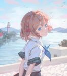  1girl absurdres bangs bird blonde_hair blue_eyes blue_neckerchief braid closed_mouth commentary_request day from_side hair_ribbon highres hyxifeng lighthouse looking_to_the_side neckerchief original outdoors pink_ribbon ribbon shirt short_hair short_sleeves skirt sky solo water white_shirt 