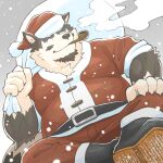  1:1 2022 anthro canid canine christmas christmas_clothing christmas_headwear clothing hat headgear headwear hi_res holidays kajimaru_0507 kemono male mammal outside overweight overweight_male santa_claus santa_hat sitting smoking snow snowing solo 