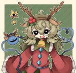  animal_costume animal_ears bell blush bright_pupils buttons christmas christmas_ornaments collar deer_ears diamond_(shape) diamond_button fake_animal_ears fake_horns fang fang_out green_hair green_skirt hair_ornament highres horns komeiji_koishi long_hair long_sleeves neck_bell red_shirt reindeer_costume ribbon ribbon-trimmed_clothes ribbon-trimmed_sleeves ribbon_trim shirt short_eyebrows skirt sleeves_past_fingers sleeves_past_wrists smile star_(symbol) third_eye touhou white_pupils zunusama 