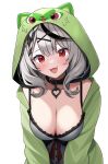  1girl absurdres black_collar black_hair blush breasts camisole cleavage collar collarbone fang fangs fangs_out frilled_camisole frills green_fur green_hoodie grey_hair hair_ornament heart_collar highres hololive hood hood_up hoodie large_breasts medium_hair multicolored_hair open_mouth pajamas pokemon red_eyes sakamata_chloe simple_background solo sprigatito starter_pokemon_trio streaked_hair transparent_background urushinuri virtual_youtuber white_background x_hair_ornament 
