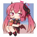  1girl bangs bendy_straw black_footwear black_shirt black_wings blue_archive blush chibi closed_mouth collared_shirt cup demon_girl demon_horns demon_wings drinking_straw full_body gradient_hair hair_between_eyes halo hana_kazari highres holding holding_cup horns junko_(blue_archive) long_hair looking_at_viewer low_wings multicolored_hair necktie pleated_skirt pointy_ears puffy_short_sleeves puffy_sleeves purple_eyes red_hair red_necktie red_skirt shirt shoes short_sleeves skirt solo twintails v-shaped_eyebrows very_long_hair wings 