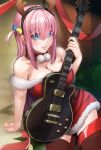  1girl antlers arm_support bare_shoulders black_hairband blue_eyes bocchi_the_rock! breasts brown_collar brown_thighhighs christmas cleavage collar collarbone dress electric_guitar fake_antlers fino_ko gotou_hitori guitar hair_ornament hairband highres holding holding_instrument instrument large_breasts leaning_to_the_side parted_lips pink_hair pom_pom_(clothes) raised_eyebrows red_dress reindeer_antlers santa_dress side_ahoge sitting solo thighhighs thighs zettai_ryouiki 