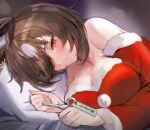  1girl :3 animal_ears bare_shoulders breasts brown_hair christmas cleavage closed_mouth commentary_request detached_sleeves hair_over_one_eye highres holding holding_key horse_ears horse_girl inaba_(usanopo) key large_breasts looking_at_viewer lying on_side pillow red_eyes red_sleeves short_hair sirius_symboli_(umamusume) smile solo umamusume upper_body 