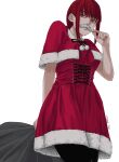  1girl bangs capelet chainsaw_man cross-laced_clothes cross-laced_dress dress fake_facial_hair fake_mustache fur-trimmed_capelet fur-trimmed_dress fur_trim highres holding holding_mustache holding_sack looking_to_the_side makima_(chainsaw_man) medium_hair red_capelet red_dress red_hair ringed_eyes sack santa_dress sidelocks simple_background solo stargazypie_u thighs white_background yellow_eyes 