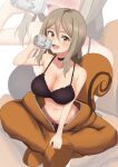  1girl bare_shoulders beer_can black_bra blonde_hair blush bra breasts brown_eyes can check_commentary choker cleavage clothes_removed commentary commentary_request costume cropped_head drink drinking highres holding holding_can holding_drink large_breasts looking_at_viewer lycoris_recoil multiple_views nakahara_mizuki navel open_mouth sidelocks simple_background solo steam steaming_body sweat t-8000 underwear unzipped upper_body white_background zipper 