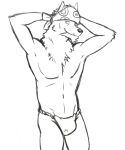  anthro asian_clothing bandanna black_and_white bulge clothed clothing east_asian_clothing fundoshi fundoshi_only hands_behind_head japanese_clothing kerchief male monochrome navel open_mouth simple_background sketch smile solo teeth_showing the_boy_and_the_beast thegreatmatsutzu toothpick topless underwear underwear_only white_background 