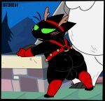  2022 animated anthro backsack badger badgerclops balls bitebox64 black_body black_fur blush butt cartoon_network christmas christmas_clothing clothing cybernetics cyborg domestic_cat duo felid feline felis fur genitals green_eyes harness hi_res holidays machine male male/male mammal mao_mao:_heroes_of_pure_heart mustelid musteline presenting presenting_hindquarters shaking_butt sheriff_mao_mao_mao short_playtime 