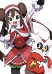  1girl :d arm_up bangs belt black_gloves black_pantyhose blue_eyes brown_hair capelet commentary_request dated delibird double_bun doughnut_hair_bun gloves hair_bun hand_up kanade looking_at_viewer merry_christmas official_alternate_costume open_mouth pantyhose pokemon pokemon_(creature) pokemon_(game) pokemon_masters_ex red_capelet rosa_(holiday_2019)_(pokemon) rosa_(pokemon) smile teeth tongue twintails upper_teeth_only 