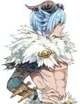  1boy abs bangs blue_eyes blue_hair brown_horns closed_mouth commentary_request curled_horns dagger expressionless fur_collar hair_between_eyes hand_on_hip horns knife looking_afar male_focus profile ragnarok_online shadow_chaser_(ragnarok_online) sheath shrug_(clothing) simple_background solo tokio_(okt0w0) upper_body weapon white_background 