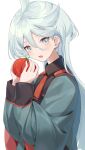  1girl bangs coat eyebrows_hidden_by_hair food grey_eyes gundam gundam_suisei_no_majo hachinatsu hair_between_eyes highres holding holding_food long_hair looking_at_viewer miorine_rembran open_mouth simple_background solo tomato upper_body white_background white_hair 