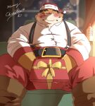  2022 anthro blush bottomwear christmas christmas_clothing christmas_headwear clothing felid gift hat headgear headwear hi_res holidays hon55728 kemono male mammal overweight overweight_male pantherine pants santa_hat shirt solo suspenders tiger topwear 