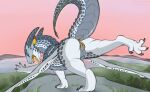  absurd_res anus dragon feral gorchitsa_(artist) grey_body grey_scales hi_res horn male marco_(marcopt1) open_mouth paws scales slit solo stretching yawn yellow_ears 