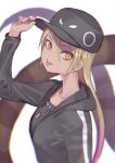  1girl :p arm_up baseball_cap blonde_hair don3 eyelashes from_side hair_between_eyes hand_on_headwear hat hood hood_down hooded_track_jacket jacket jewelry kemono_friends king_cobra_(kemono_friends) long_hair long_sleeves long_tail looking_at_viewer multicolored_eyes multicolored_hair official_alternate_costume orange_eyes pendant pink_hair red_eyes shirt slit_pupils snake_tail solo tail tongue tongue_out track_jacket two-tone_hair upper_body very_long_hair 