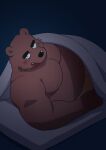  2022 anthro bear bed bedding belly big_belly black_nose blanket blush brown_body furniture hi_res kemono kick_(artist) lying male mammal moobs nipples overweight overweight_male solo 
