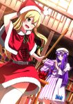  2girls :d absurdres bangs belt blonde_hair bookshelf closed_mouth crescent_print dress hat highres indoors kirisame_marisa long_hair looking_at_viewer mob_cap multiple_girls one_eye_closed open_mouth outdoors patchouli_knowledge purple_eyes purple_hair red_dress red_headwear santa_costume santa_hat sazanami_mio_(style) scarf shimotsuki_aoi sidelocks smile striped striped_dress striped_scarf thighhighs touhou white_headwear white_thighhighs 