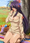  1girl alternate_costume autumn autumn_leaves brown_footwear cleavage_cutout closed_mouth clothing_cutout day dress grey_eyes hair_over_one_eye holding holding_leaf ikkitousen kan&#039;u_unchou leaf long_hair long_sleeves looking_at_viewer maple_leaf meme_attire outdoors purple_hair ribbed_sweater shiny shiny_hair shiny_skin sitting sleeves_past_wrists smile solo sweater sweater_dress tree very_long_hair virgin_killer_sweater wariza white_sweater 