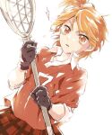  1girl black_gloves brown_eyes collared_shirt commentary_request futari_wa_precure gloves lacrosse lacrosse_stick misumi_nagisa one_side_up open_mouth orange_hair plaid plaid_skirt precure sasano_(sasanagi01) shirt short_hair skirt solo white_background 