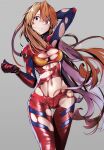  1girl aged_up bangs blue_eyes breasts brown_hair cleavage evangelion:_3.0+1.0_thrice_upon_a_time expressionless gloves hand_on_own_head hand_up highres long_hair looking_to_the_side navel neon_genesis_evangelion plugsuit rebuild_of_evangelion solo souryuu_asuka_langley standing thighs torn_clothes wardrobe_malfunction yagisawa_teru 