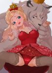  2022 absurd_res anthro apple_white_(ever_after_high) blonde_hair blue_eyes blush bottomwear breasts clothed clothing crown dekasuji duo ever_after_high female hair hi_res human human_on_anthro interspecies legwear long_hair male male/female mammal mattel panties skirt underwear 