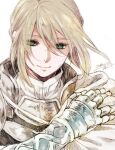  1boy armor bangs bedivere_(fate) blonde_hair breastplate cape closed_mouth commentary_request dated fate/grand_order fate_(series) gauntlets green_eyes grey_cape hair_between_eyes long_hair looking_at_viewer male_focus portrait signature simple_background smile solo tokio_(okt0w0) white_background 